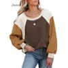 Women's Hoodies Rose Color Block Long Sleeve Pullover Fleece Sweater 2024 Fashion Loose Round Neck Sweatshirts Top