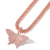 Pendant Necklaces Hip Hop 3A Cubic Zirconia Paved Bling Out CZ Butterfly Pendants For Men Women Rapper Jewelry Pink Gold Color