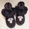 Boots Black Cow Suede Women Ankle Handmade Rhinestones Real Rabbit Fur Sweet Ladies Snow Thicken Plush Warm Winter Shoes