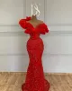 Elegante plus size Arabisch Arabisch Aso Ebi Red Mermaid Sparkly Prom Dresses Sheer Neck Evening Formele feest tweede receptie verjaardag verlovingsjurken dres dres