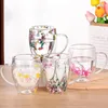 Verres à vin à fleurs transparentes, tasse en verre à Double couche, café créatif domestique avec poignée, résistant à la chaleur et au froid