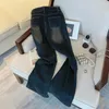 Jean femme Vintage américain bleu cloche bas taille haute poches déchirées jambe large Stretch Streetwear pantalon droit