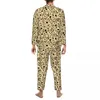 Men's Sleepwear Music Notes Pajamas Set Yellow And Black Warm Women Long Sleeve Vintage Room 2 Piece Nightwear Big Size XL 2XL