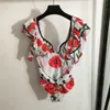 Bodysuit babados conjuntos de vestido de banho para mulheres saias de impressão rosa v profundo sexy uma peça t camisa topos férias duas peças