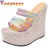 Dress Shoes Straw Hemp Rope Bottom Sandals Korean Style Bling Rainbow Platform Slides Walk Show Wedges Women Sweet Wedding High Heels H240321OIJS