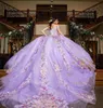 Lilac lavender Quinceanera Dresses 3D Floral Applique Beaded Off the Shoulder 2022 Sweep Train Tulle Satin Custom Made Sweet 15 169708095