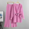 Women's Two Piece Pants Candy Colors Sweater Conjuntos Mid-length V Neck Cardigan Outfit And Baggy Wide Leg Ensembles Women Knitted 2 Sets