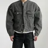 IEFB Fashion Mens Denim Jacket High Street Male Stand Collar Top Solid Color Short Coat Autumn Menwear 9C644 240227