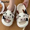 Slippers New Cow Women Shoes Summer Linen Indoor Non-Slip Cute Cartoon Sandals House Flip Flops Kaii Slides Ladies H240322