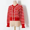 Women's Knits Stripped Red Cardigan With Beaded Women High Fashion Knitted 2024 Spring Sweater Coat O-neck Mujer Cropped Tops