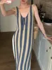 Casual Jurken Zwart Blauw Retro Contrasterend Gestreept V-hals Veters Hoge Split Mouwloos Hemdje Jurk Vestidos De Mujer Y2k Zomer Maxi