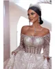 Crystal Covered Ball Gown Wedding Dresses for Bride Off the Shoulder Sequined Lace Arabic Vestido De Noiva Sweep Train Robe Mariage Bridal Gowns