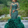 Long Sleeve Mermaid Africa Prom Dresses Dark Green Sequins Lace Ruffle Formal Evening Gowns Sheer Neck Zipper Back Cocktail Dresse5847903