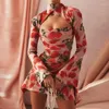 カジュアルドレス女性セクシーなボディコンドレス長いフレアスリーブ花柄の固体色のバックレスホロースキニーショートカクテルイブニングパーティー