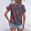 Blusas femininas floral impresso camisa estilo étnico impressão verão com gola plissado gravata solta ajuste manga curta para um