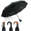 Umbrellas Wind Resistant Large Automatic Umbrella Rain Women Leather Wood Handle Business British Style Men's Gift 3Fold