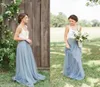 Vintage tozlu mavi nedime elbiseler bahçe plaj düğün kat uzunluğu uzun uzun resmi hizmetçi onur elbisesi kepçe boyun kolu tull6858349