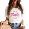 Stilig barbie tema o-hals tryckt kort ärm kvinnor t-shirt 100% bomull lätt slitage damer tröja