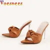 Sapatos de vestido transparente cristal salto alto mulheres bombas chinelos sexy apontou toe slides moda sandálias modelo verão bowknot senhoras9iof h240321