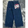 Mäns jeans jnco jeans y2k mens hip hop fyra av en snäll grafisk broderi retro blå baggy jeans denim byxor goth hög midja bredbyxor vinter01 943