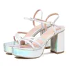 Chaussures habillées 10 cm Chunky Platform Sandales Sandales Summer la cheville Summer Student Holographic Modèles Walk Show High Heels Party le plus récent H240321CIE9