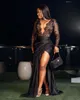 Siyah Dantel Denizkızı Balo Elbisesi Siyah Kadınlar İçin Yan Side Split Gece Elbise Zarif Uzun Kollu Derin V Boyun Çizili Özel Durum Resmi Giyim Robe De Soiree