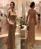New Full Lace Long Sleeves Evening Gowns Gold Bateau Sweep Train Zipper Mermaid Prom Dress Customized Formal Women Dress Mother Of6899292