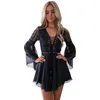 Casual Dresses Hollow Out White Dress Sexy Women Mini Chiffon Semi-Sheer Checkered Plunge V-Neck Long Sleeve Crochet Lace Black