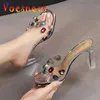 Klänningskor Fashion Color Diamonds Slippers Summer Sexy Lady Transparent PVC Sandals 2022 Ny 9cm Crystal Square Toe High Heel Womens H240325