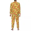 メンズスリープウェアレッドチェリーパジャマセットの葉の暖かい男性の長袖のゆるい睡眠2ピースナイトウェアビッグサイズxl 2xl