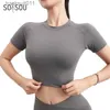 Ensembles actifs SOISOU Nylon haut femmes T-shirt Gym Yoga chemise Fitness serré élastique respirant haut de sport femmes vêtements taille 4 5 couleurs C24320