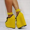 Robe chaussures jaune daim haute plate-forme coin peep toe cheville crochet noeud papillon hauteur avant augmentant décontracté grande taille 45