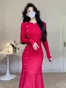 Vestidos casuais coreano chique mulheres outono inverno branco malha fishtail envoltório vestido preto o-pescoço cintura alta magro elegante festa botão vermelho