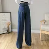 Damen Jeans Frühling Sommer Knopf Hohe Taille Breites Bein Lady Chic Einreiher Gerade Lose Lange Denim Hosen