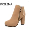 Stiefel PXELENA 2024 Winter Büro Damen Knöchel Chunky Block High Heels Seitlicher Reißverschluss Runde Zehe Flock Kleid Plus Größe 34-43