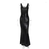 Casual Dresses PU Leather Sleeveless Straps Black Slit Sexy Bodycon Maxi Prom Dress 2024 Spring Women Fashion Outfits Party Nightclub