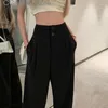 Damenhosen mit hoher Taille, Anzüge für Damen, koreanische Mode, solide, 2 Knöpfe, breite Beinhosen, Büro-Damen, lässig, in voller Länge