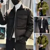 Jaquetas masculinas homens jaqueta solta zíper fechamento manga longa botão lapela vários bolsos casuais hip hop streetwear casaco roupas