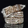 Paski Kobiety moda Solid /Lopard Print Studded Rhinestone Belt PU skórzany kryształowy kryształowy brokatowy pasek na imprezę klubową