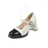 Casual Shoes Women's Contrast Color Chunky Heels Elegant Square Toe Dress Pumps Fashion Buckle Strap