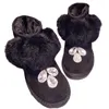 Boots Black Cow Suede Women Ankle Handmade Rhinestones Real Rabbit Fur Sweet Ladies Snow Thicken Plush Warm Winter Shoes