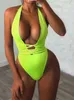 Maillots de bain pour femmes Halter Neon Deep V Maillots de bain Femmes Monokini String Maillots de bain Sexy Push Up Maillots de bain Une pièce Maillots de bain Coupe Haute Bikini Femmes J240319