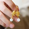 Dangle Earrings S925 Sterling Silver Leaf Vintage Court Natural Hetian Jade Round Beads Twig Simple Fashion Accessories Women