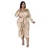 Elegant satin plus size kvinnor skjorta klänning sexig ruched långärmhet snörning upp kvällsfest midi drerss vestido africano feminino 240318