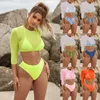 Women's Swimwear Sexy Neon Orange Bikini 2023 Womens Long sleeved Mesh Eye Mask 3-piece Swimwear High Cut Push Up Swimwear J240319