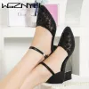 Sandalen Frauen geschlossener Zehen Sandalen Frauen flache mittlere Absatz Frauen klobig Absatz echte PU -Lederschuhe hohl Mesh weiche Boden Mom Schuhe