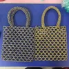 Bolso de hombro para mujer con diseño hueco dorado y plateado tejido a mano estilo Ins con cordón, bolsos de verano con cuentas informales simples para mujer