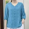Kvinnor Bluses Women 3/4 Sleeve Tee Vintage V-Neck broderad skjorta för retro-knapp-up med blommönster streetwear