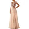 Rose Gold Sequin Bridesmaid Dress Country Style Golvlängd Chiffon Formell Prom Dresses V Neck Evening Gown76103817286028