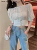 Out Shirt Vintage Puff Sleeve Korean Women Shirts Fashion Chic Tops Crochet Top Blouse Women Sexy Hollow 240320